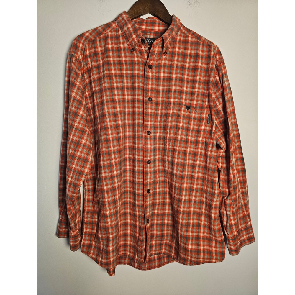 [Gorpcore] Woolrich Plaid Button Down Mens Large Orange Grey Long‎ Sleeve Cotton